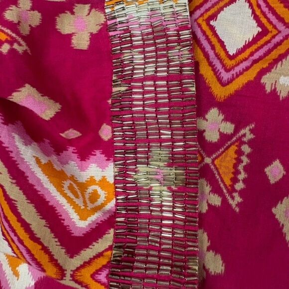 Tory Burch Tunic Top Pink Gold Beaded 3/4 Sleeve Geometric V-Neck Boho Beach 8 - Picture 7 of 8